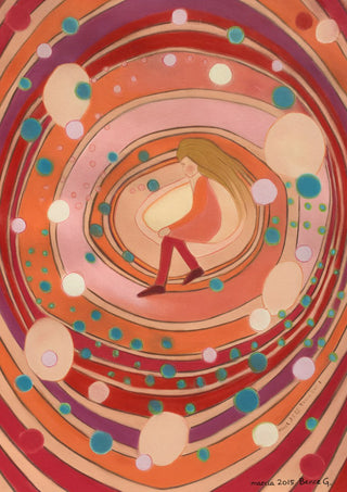 Girl in the Portal by Gerard Ceulemans - pastel drawing of a girl sitting inside a spiral of coral, red and pink rings with teal circles