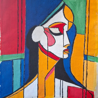 Fragmented by Naïve Art by YLR - a cubist profile face against blocks of cobalt, red and yellow