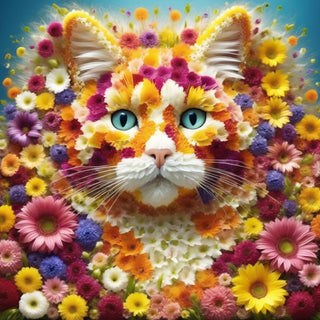 Wild Petals by Devour Art - a ginger cat's face assembled from marigolds and daisies on teal