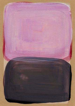 Color Shapes 3 by Mareike Böhmer - a lilac-pink shape above a charcoal block on bare ochre paper