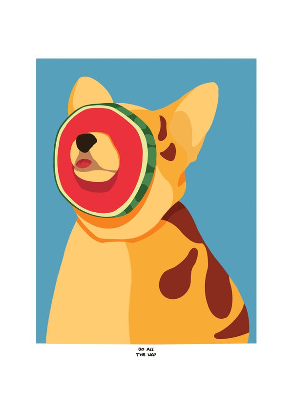 Go All The Way by Jakob Falkenberg - a dog with a watermelon slice pressed over its face on blue-grey