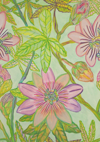 Passiflora lilla by Maria Emanuela Fiori - lilac passion flowers with crimson filaments on pale green