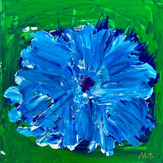Blue by Maria-Tia - one cobalt flower with a dark red centre across a grass green ground