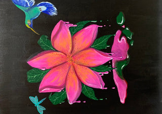Flora e Fauna by KG Studio - a pink frangipani on black with a hummingbird, a dragonfly and running paint