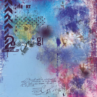 Heart 28 by Dada - sky blue clouded with violet and magenta blooms under black chevrons and old script