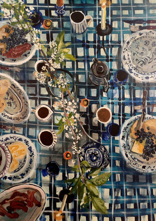 Easter Breakfast by Mariam De Giorgio - a blue and white checked table of cake, coffee and white blossom from above