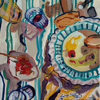 Outdoor breakfast by Mariam De Giorgio - tart, red berries and bread on a teal-striped cream cloth from above