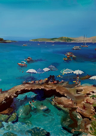 Blue lagoon in late May by Mariam De Giorgio - parasols and swimmers on a rocky headland above turquoise water