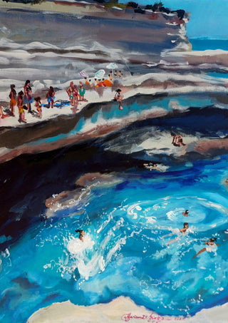Splash! by Mariam De Giorgio - bathers on a limestone shelf and a swimmer landing in deep blue water