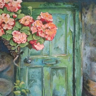 Geranium Door by Cristina Iacob - coral and pink geraniums beside a worn green and turquoise panelled door