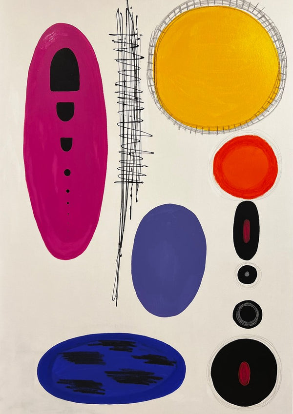 Inner Orbits - Eclipse of Self by Laura Notari - magenta, yellow, orange and blue ovals with black rings on cream