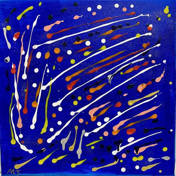Celebration by Maria-Tia - white streaks and colourful dots dripped across a cobalt blue ground