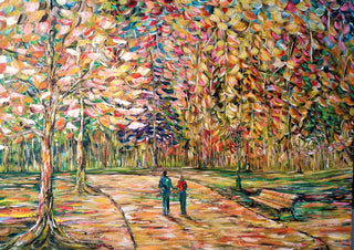 Spring walking by the park by William Cáceres - couple walking a park path under colourful impasto trees