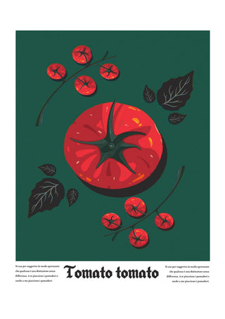 Tomato Tomato by Jakob Falkenberg - halved red tomato and cherry tomatoes on a deep green background