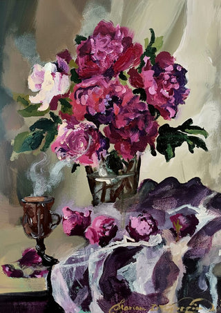 Hot chocolate and magenta peonies by Mariam De Giorgio - magenta peonies in a glass vase beside a steaming cup of hot chocolate