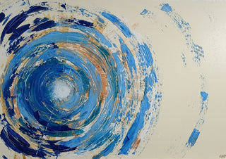 Woher? · Where From? by ELIZA Leopold - abstract blue vortex of palette knife strokes on a cream background