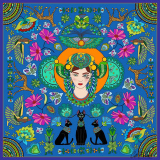 Hatchepsout by Lucrezia Solena - Egyptian queen with a scarab headdress above three black cats on deep blue