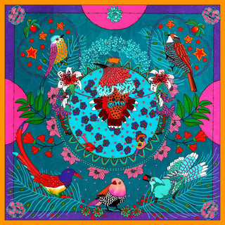 Oiseau Roi by Lucrezia Solena - crowned red bird in a turquoise circle surrounded by birds and flowers
