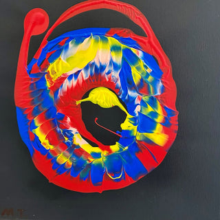 Spin by Maria-Tia - swirled ring of red, blue and yellow paint on black