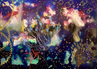 Midnight reef by Debbie Seenan - glowing pink and gold coral forms in a deep midnight blue sea