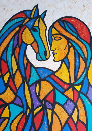 Connection in Color by Igor Kotnik Art - woman and horse leaning together in a colourful stained-glass mosaic