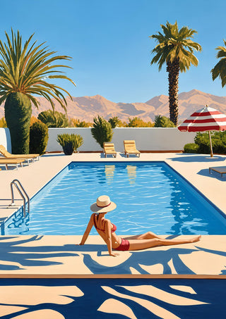 Poolside Afternoon by Elena Avanesova - woman in a red bikini by a blue swimming pool with palm trees and pink mountains