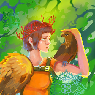Melnitsa — The Princess by Artenlis - winged girl with a red branch crown and a brown hawk in a green forest