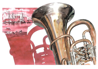 Sounds of Pieter Breughel 2 by Designus - shining brass tuba against a rose red harbour scene