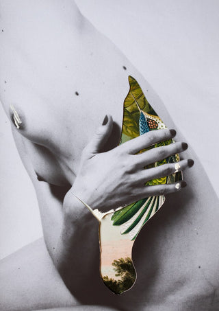 Duermen los volátiles by Rocio Montoya - black-and-white body cut open to reveal leaves and a small landscape