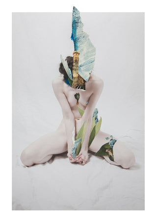 Letargo I by Rocio Montoya - seated nude figure with a turquoise collage head and green leaves