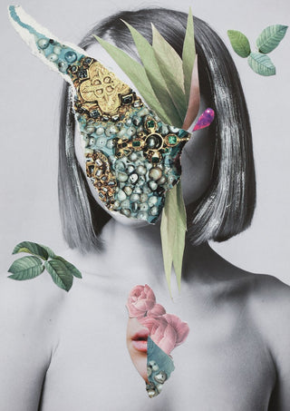 The color of fresh roses by Rocio Montoya - portrait with a face of teal jewels, leaves and a pink rose