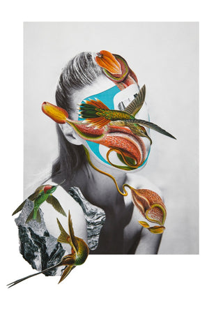Spring landscape by Rocio Montoya - black-and-white portrait collaged with orange flowers and hummingbirds