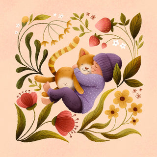 hello baby by Justyna - child in a purple hat hugging a ginger cat among flowers