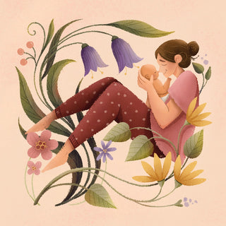 Hello Baby 2 by Justyna - mother holding her newborn among bellflowers on peach