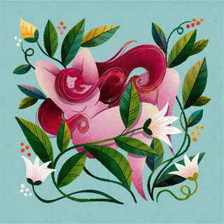 Hello beauty by Justyna - magenta-haired woman curled among leaves and white lilies