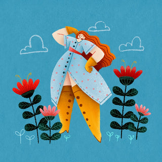 hello world by Justyna - red-haired woman in a blue coat stretching among red flowers