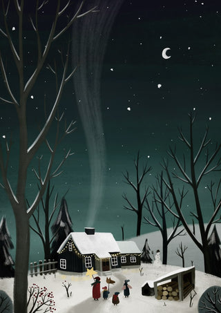 winter night by Justyna - snowy cottage at night with a family carrying a lantern