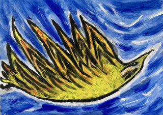 Spur by Fábio Diniz Art - flame-edged yellow leaf shape on swirling blue
