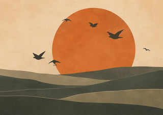 Terracotta Abstract Landscape – Minimalist Earthy Harmony by TimlessArtworks - orange sun and birds over layered earthy hills