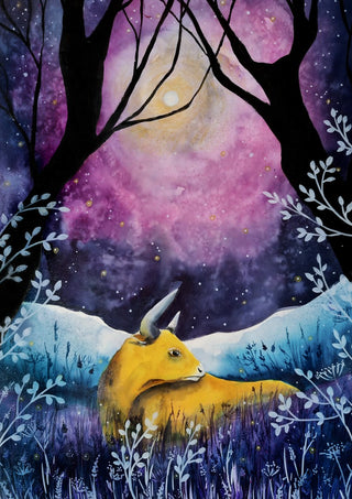 Where the Sky Breathes by Evgenia Smirnova - golden bull under a violet starry sky