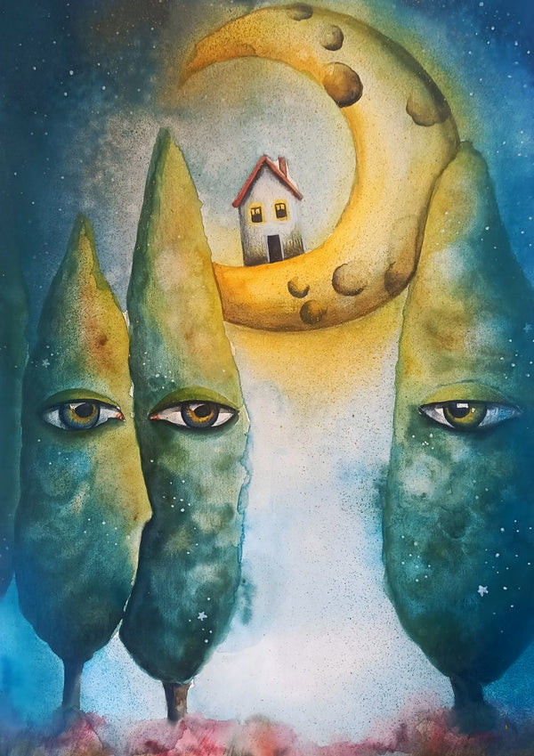 Whispering Trees by Evgenia Smirnova - teal cypress trees with eyes and a house on a moon
