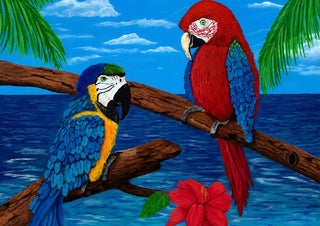 Tropical Life by KG Studio - two macaws on a branch above a blue sea