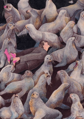 One with Nature by Daukantė - person in pink fins lying among fur seals
