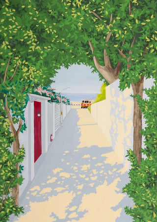 Story of light by Jaron Su - sunlit alley in Tainan with a red door