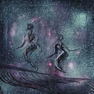 Night Dancers by luco art - two long-limbed figures dancing on a dark green ground