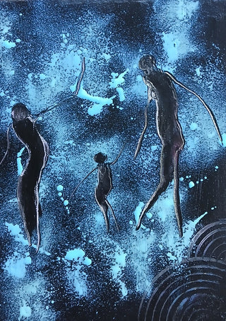 Three Figures in Blue by luco art - three drawn figures suspended in a deep blue field