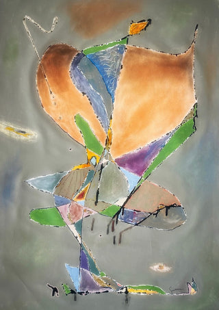 Butterfly by Art Guveau - abstract butterfly with soft orange wings and coloured triangles on a grey-green background