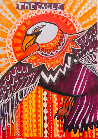 Eagle in the sky by ALEX - patterned bald eagle with purple wings in front of an orange sun