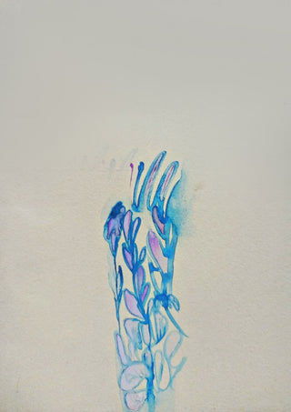 Blue ChrysAlice by Alice Ruja - single watercolour sprig in blue and violet on a pale grey background
