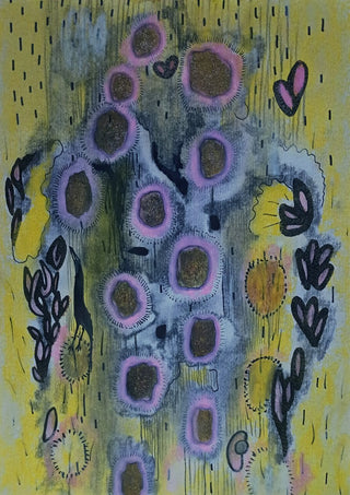 Summer rain by Alice Ruja - pink-rimmed golden drops, black leaves and hearts over yellow and violet washes
